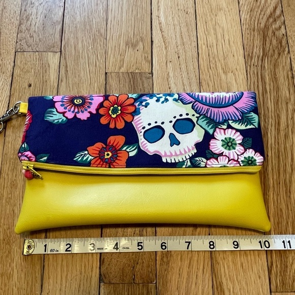 One of a Kind Handmade Floral Skull Yellow Clutch Bag - Picture 8 of 9